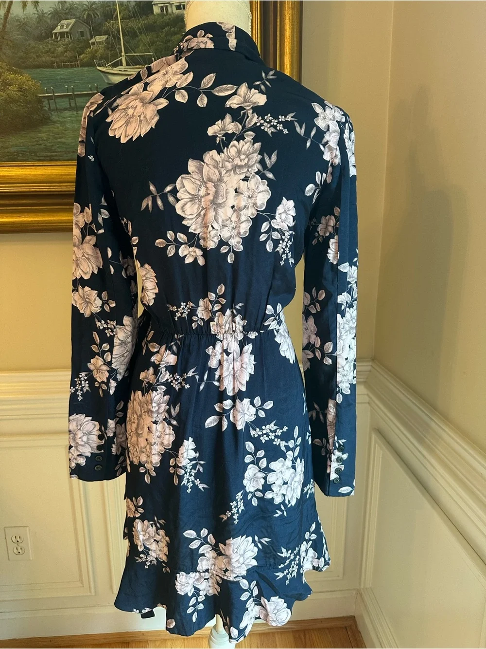 MARISSA WEBB Navy Blue Pink Floral Wrap Ruffle Dress